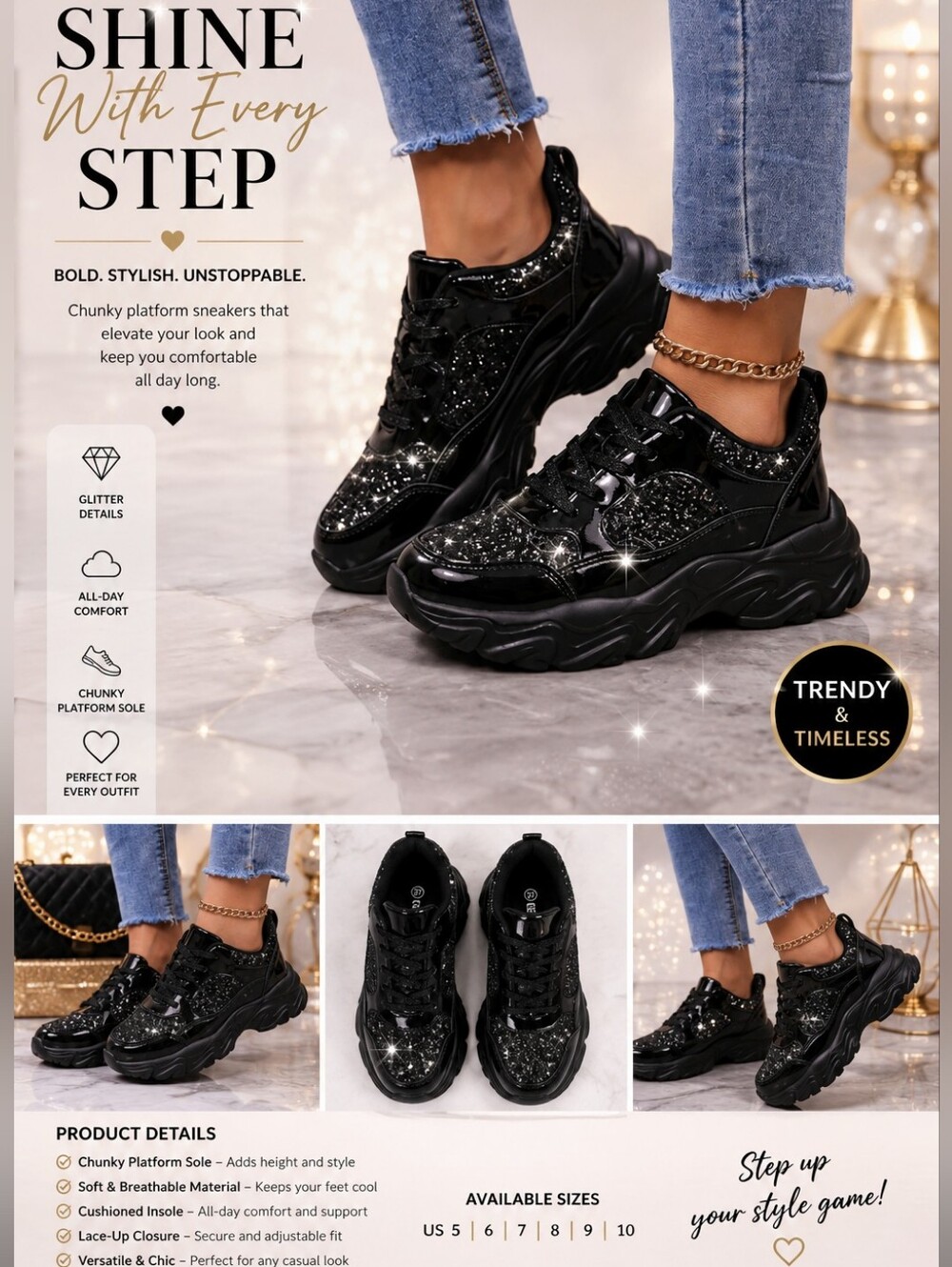 *"BLACK CHUNKY GLITTER 🪩 PLATFORM SNEAKERS - WOMEN'S**🖤🪩💲💲💲💲💲